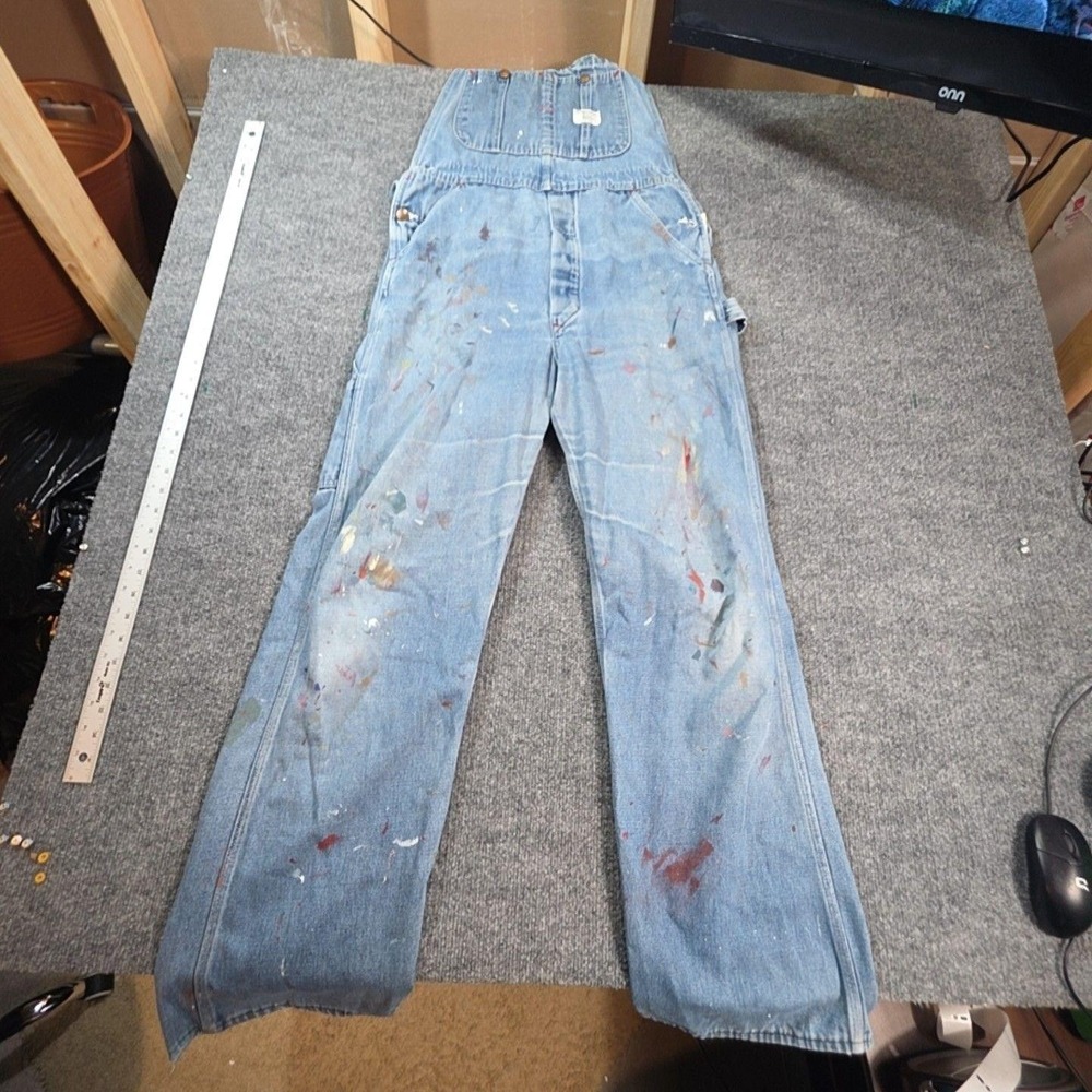 Bib Overalls Mens Blue Denim Light Wash Paint Stained Carpenter Workwear